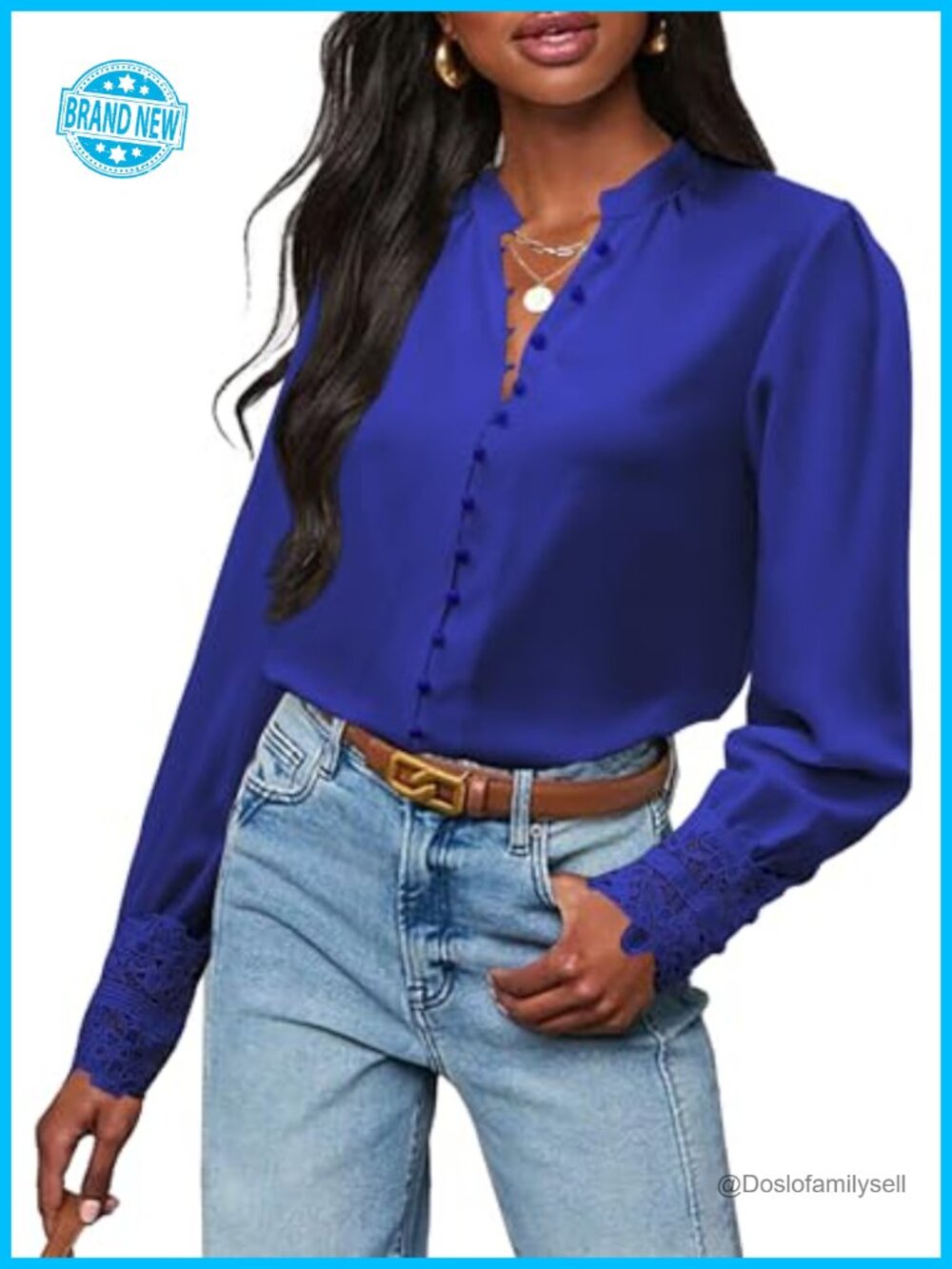Women's Chiffon Button Down Blouse Lace Cuff Long Sleeve Work Shirt